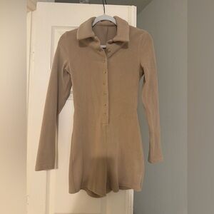 Tan Long Sleeve Button-Up Fleece Romper/loungewear